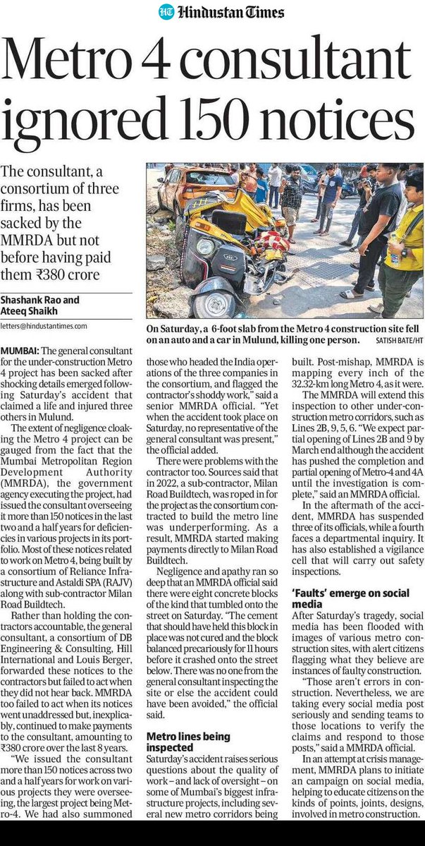 mashrujeet's tweet image. Here's an important story from Mumbai worth reading on Saturday's Metro accident that killed one.

The general consultant appointed by the MMRDA to oversee the line 4 metro works, including the safety, was SERVED 150 NOTICES by the MMRDA on various problems.

MMRDA officials said