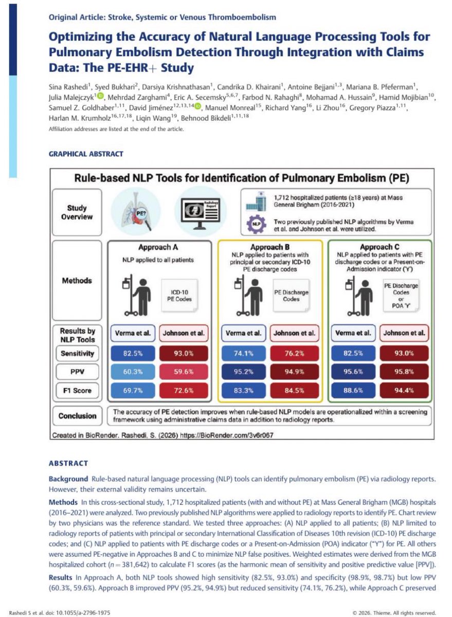 AntoineBejjani_'s tweet image. 🚨 Thrilled to share our latest publication looking at #NLP tools to identify #PE!

NLP applied to patients with PE discharge codes or a Present-on-Admission (POA) indicator (“Y”) for PE had highest sensitivity &amp;amp; PPV.

thieme-connect.com/products/ejour…