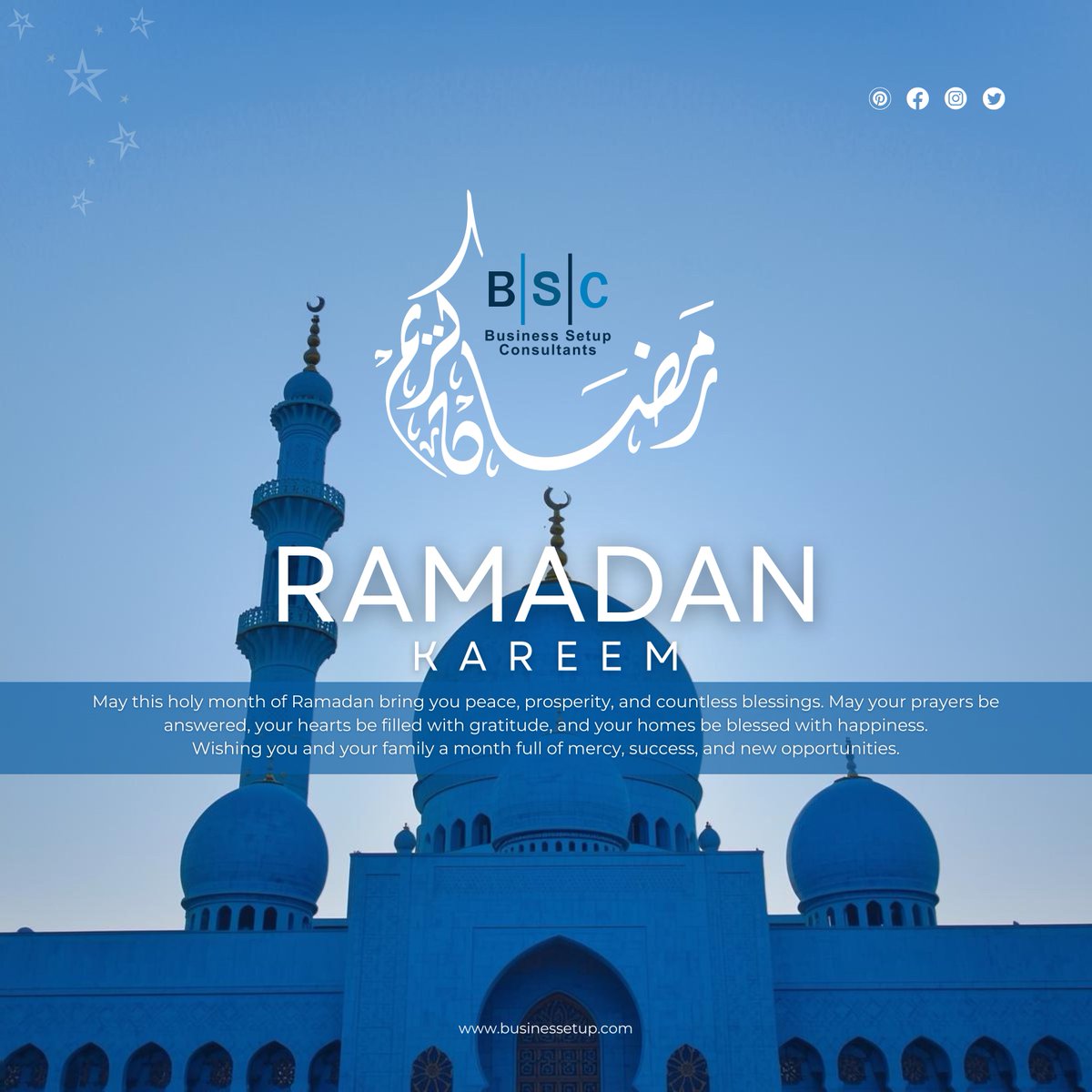 _BusinessSetup_'s tweet photo. Ramadan Kareem🌙
This holy month, may your business journey be blessed with success, growth, and endless opportunities.
From all of us at BSC, we wish you a month full of peace, prosperity, and meaningful milestones. https://t.co/tQN84V29uD