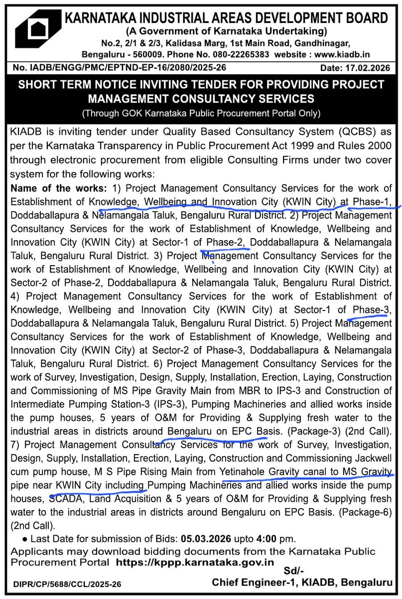 Maheshbr4U's tweet image. ● #India's Futuristic City , #KWINCITY, #STRR, #Bengaluru , spread over massive 5800 Acres, is into Implementation stage with, Invitation of Tender  for PMC of Phase-1, 2 &amp;amp; 3 .
● Tender also covers, providing Infrastructure for supplies of Yattinahole Water to KWINCITY &amp;amp; Other