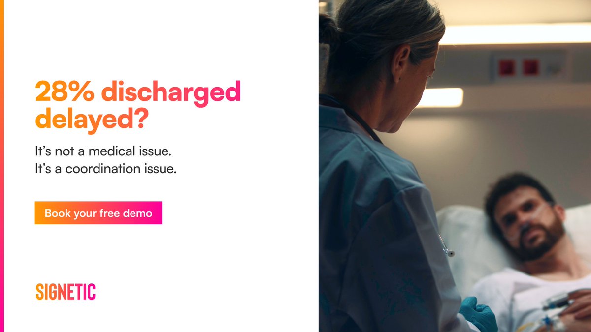 SigneticApp's tweet photo. Nearly one-third of patients ready to go home are stuck in hospital beds.

#Signetic bridges the gap between hospital discharge and home care, ensuring that when the doctor says "you're ready," the system is too.

https://t.co/KW2DYams12 

#healthcare #healthtech #DigitalHealth https://t.co/Yk1ndvXBh8