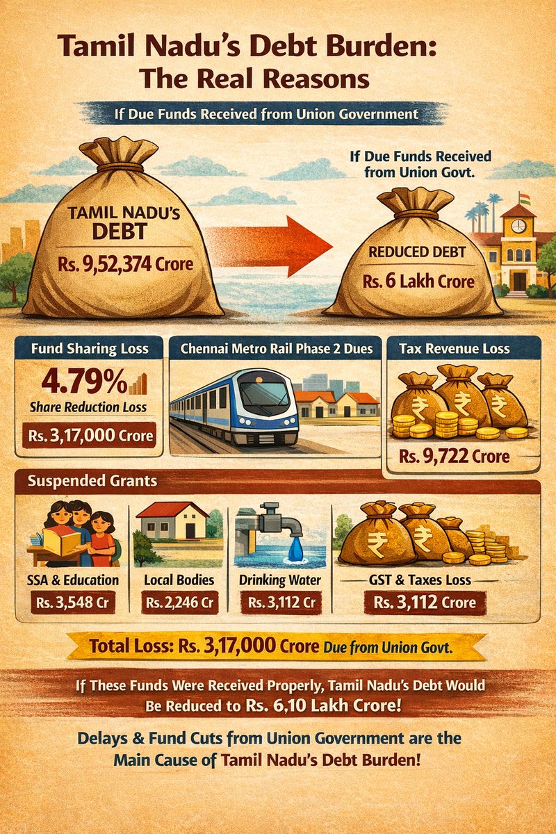 Must Read &amp; Share 👇

தமிழ்நாட்டின் ஒட்டுமொத்த கடன்: ரூ. 9,52,374 கோடி!

ஒன்றிய அரசிடமிருந்து வரவேண்டிய / இழந்த நிதிகள் கிடைத்தால் தமிழ்நாட்டின் கடன் ரூ.6 இலட்சம் கோடியாகக் குறையும்!

வரவேண்டியதும் / இழந்ததும்:

1.நிதிக்குழு பகிர்வு இழப்பு: ரூ. 3,17,000 கோடி

(பகிர்வு