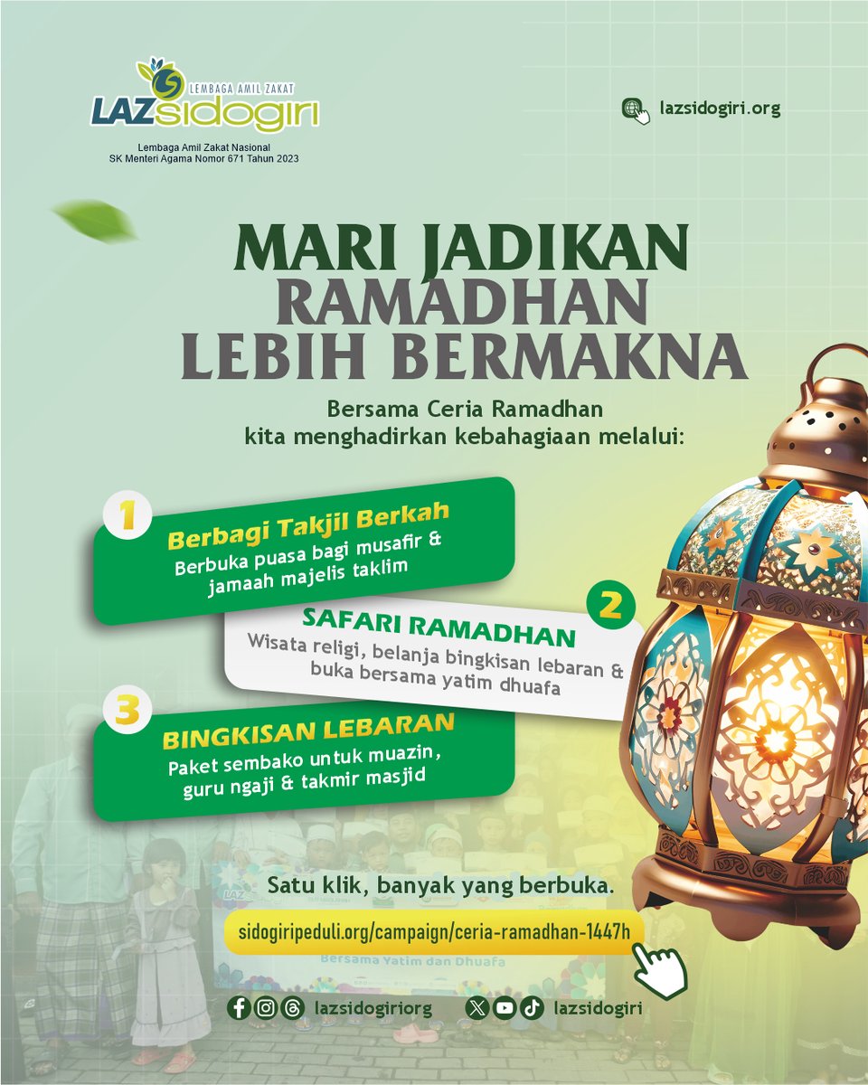 Sahabat, melalui Program Ceria Ramadhan, LAZ Sidogiri menghadirkan senyum bagi anak yatim dan dhuafa, menyediakan takjil bagi mereka yang berbuka di perjalanan, serta memberikan bingkisan lebaran untuk para muazin, guru ngaji, dan pejuang masjid.