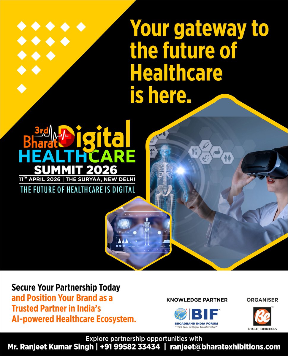 be_exhibitions's tweet photo. 🧠 AI. Innovation. Transformation.
The 3rd #BharatDigitalHealthcareSummit2026 is redefining the future of healthcare in India.
📅 11 April 2026
#HealthTech #FutureDigital
@DharanShashi @MoHFW_INDIA @aiims_newdelhi @fortis_hospital @AyushmanNHA @moayush @digitalhealth @Practo https://t.co/R76ncyMY4Y