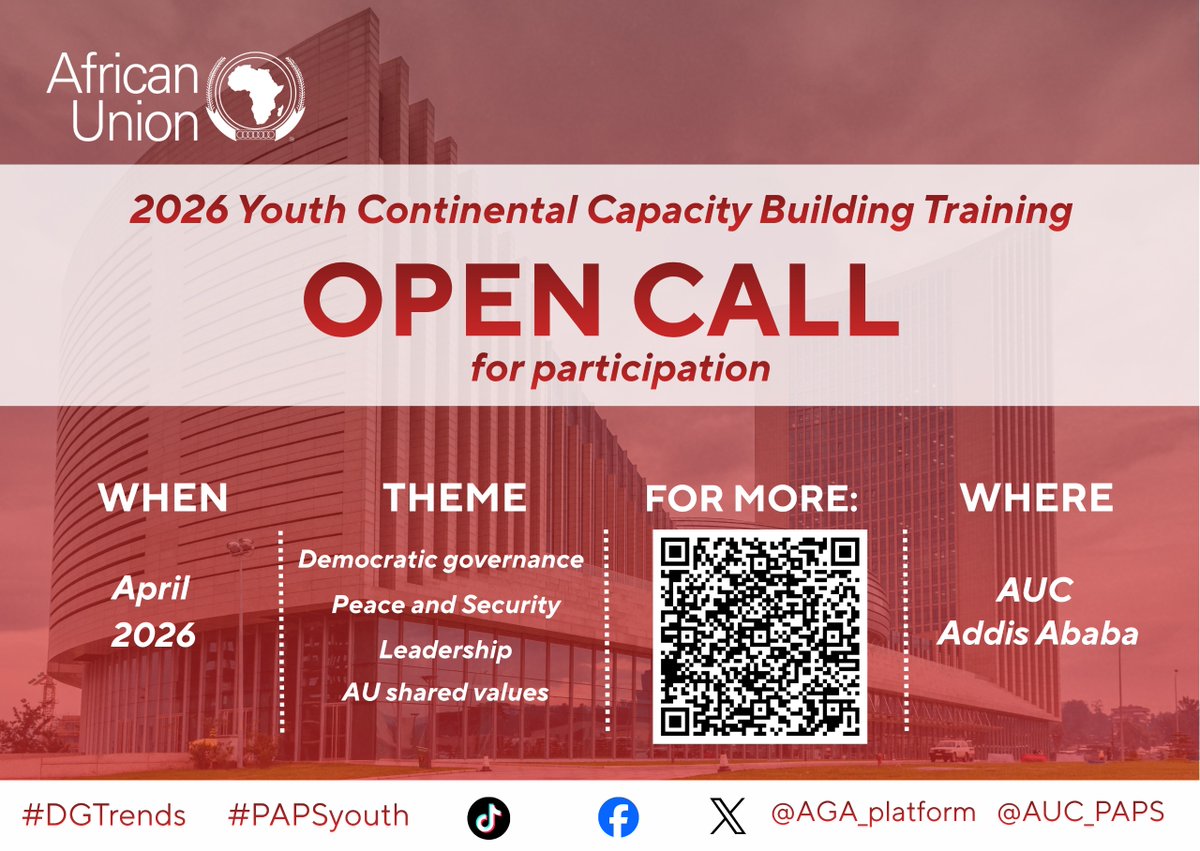 Call for Applications: African Union Continental Capacity Building Training Program for Youth
Seeks to equip youth (aged 18-35) with advanced leadership, advocacy, and civic engagement skills
Deadline: Feb 27
peaceau.org/en/article/ope…
NOTE: Participation costs will be covered.
