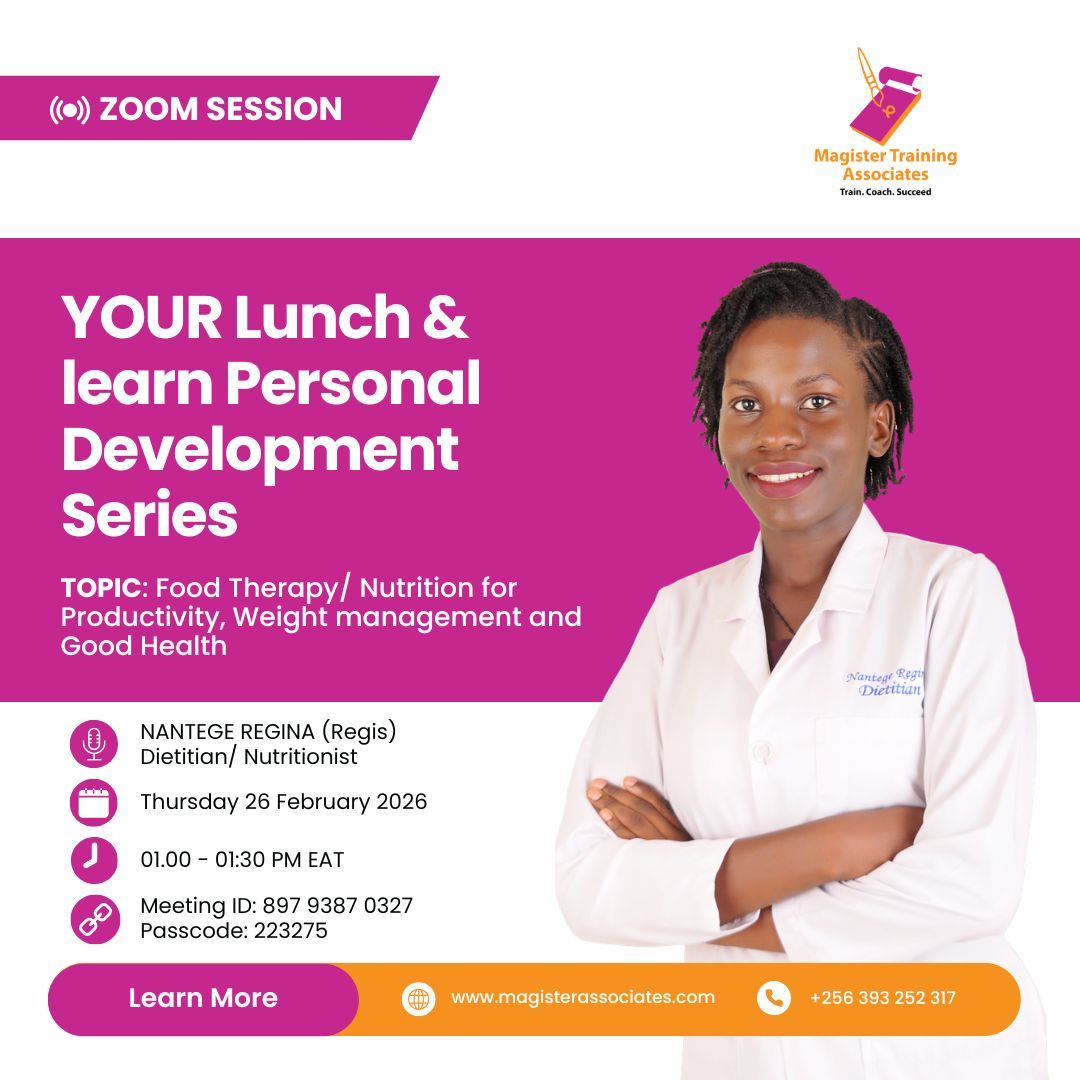 You are what you eat — but do you know WHY? 🥗

Your nutrition affects your energy, focus &amp; productivity more than you think.

Join our FREE 30-min Lunch &amp; Learn:

🎙️ Nantege Regina (Dietitian)
📅 26 Feb 2026
🕐 1:00–1:30 PM EAT

Register: forms.gle/4uMsyWJRcEhdnX…

#LunchAndLearn