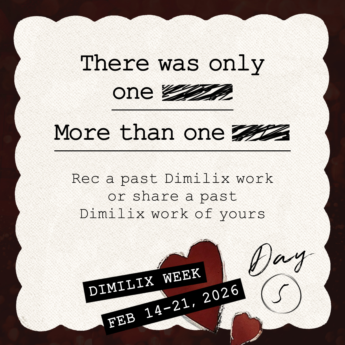 Day 5 of Dimilix Week starts now!

Don't forget that recs and works made for past and earlier prompts are of course welcome and encouraged—in our hearts, #Dimilix Week is every day!

And as always, please come join the Dimilix Week party on 🦋! Find us @ dimilixevents
