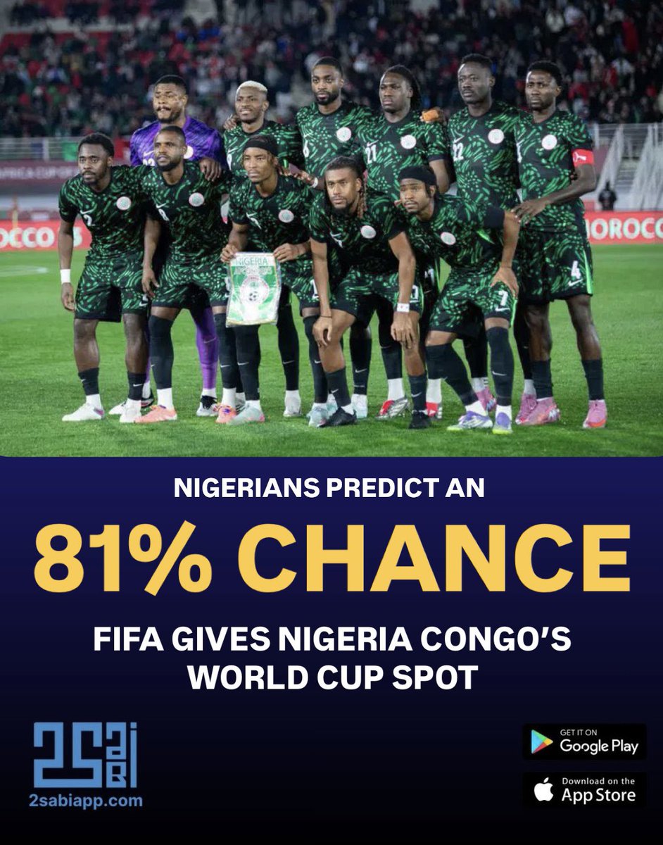 2sabiApp's tweet photo. Nigeria is ready. FIFA needs to act. 🇳🇬
81% of Nigerians are already predicting we get called up. What do YOU think happens next? Drop your prediction on 2sabi
#SuperEagles #Nigeria #FIFA #WorldCup2026 #2sabi https://t.co/iXP8tvowRN