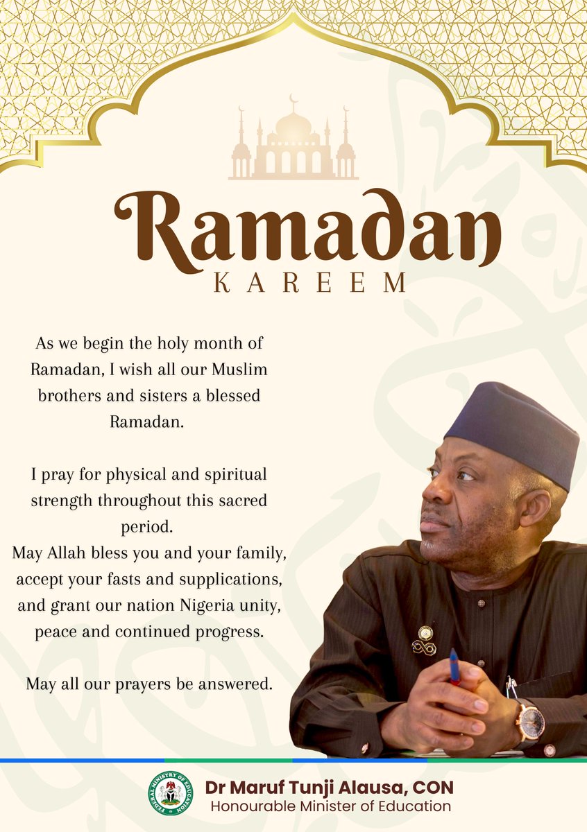As we begin the holy month of Ramadan, I wish all our Muslim brothers and sisters a blessed Ramadan. 

I pray for physical and spiritual strength throughout this sacred period. May Allah bless you and your family, accept your fasts and supplications, and grant our nation Nigeria