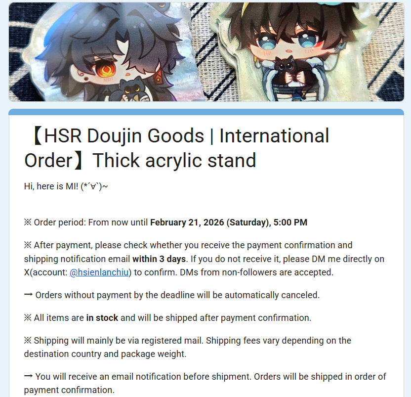 【HSR Doujin Goods | International Order】Thick acrylic stand

※ Order Form Link: forms.gle/TNgYZ8yLr3Lfpc…

※ Order period: From now until February 21, 2026 (Saturday), 5:00 PM

#Renheng #Blade #danheng