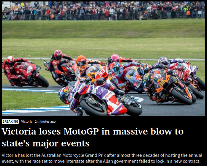 netz_melb's tweet photo. Daniel Andrews cancelled the Commonwealth Games and today Jacinta Allan has lost the contract for the Australian Motorcycle Grand Prix after 29 years of having the annual event hosted at Phillip lsland.

Victoria is in a state of decay under Labor.

#springst #MotoGP https://t.co/5QgUFWBKBZ