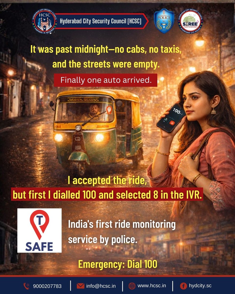 HCSC_Hyd's tweet photo. Stranded after midnight? Don’t travel alone. T-Safe, India’s first police ride monitoring service, ensures you’re never truly alone during late-night travel. 🚖🌙 Emergency: 100 | Ride Monitoring: 100-8 #TSafe #WomensSafety https://t.co/L25LVwV8o9