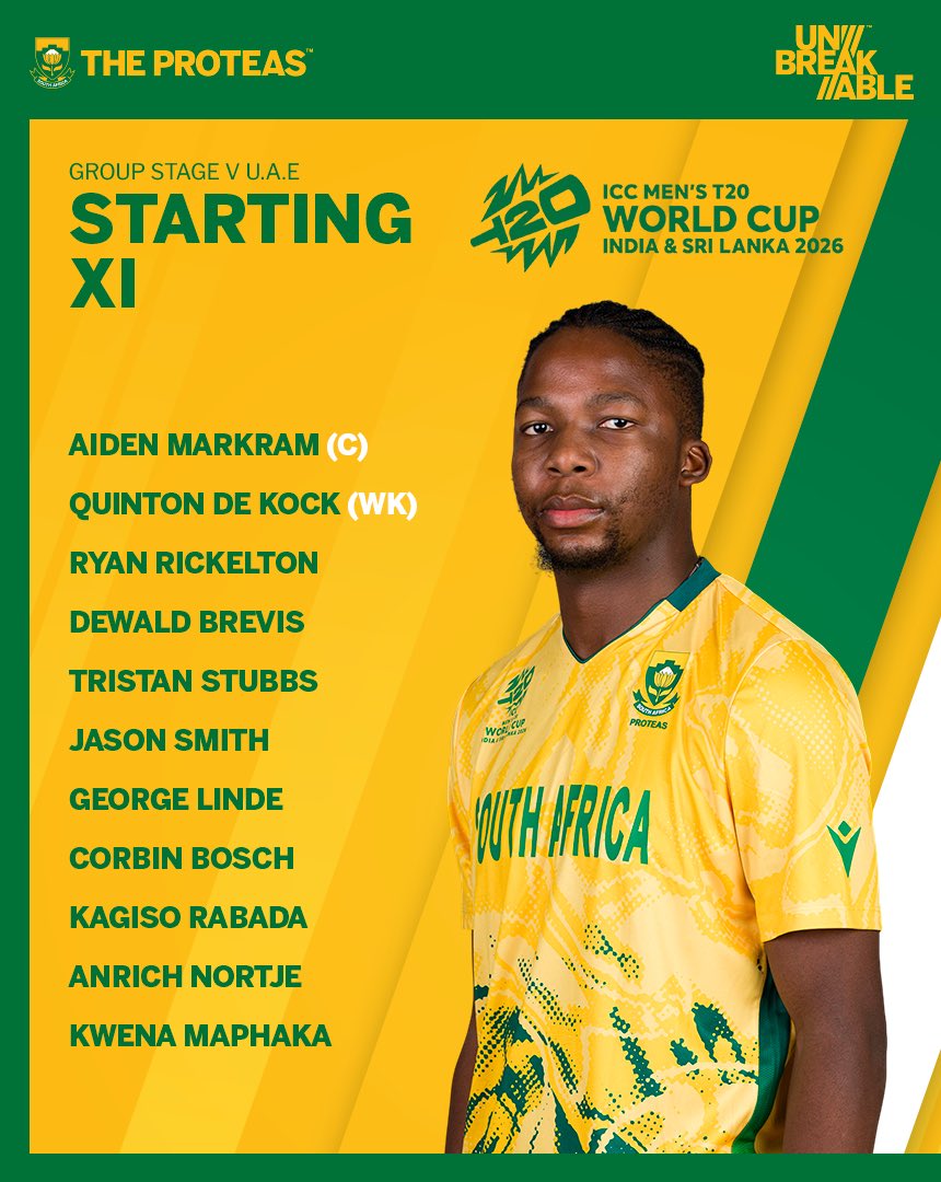 Toss Update 🪙

🇿🇦 South Africa have won the toss and elected to Bowl first.

🔁 Four changes for #TheProteas: Jason Smith, George Linde, Anrich Nortje, and Kwena Maphaka replace David Miller, Marco Jansen, Keshav Maharaj, and Lungi Ngidi.

Here’s how we line up for today’s