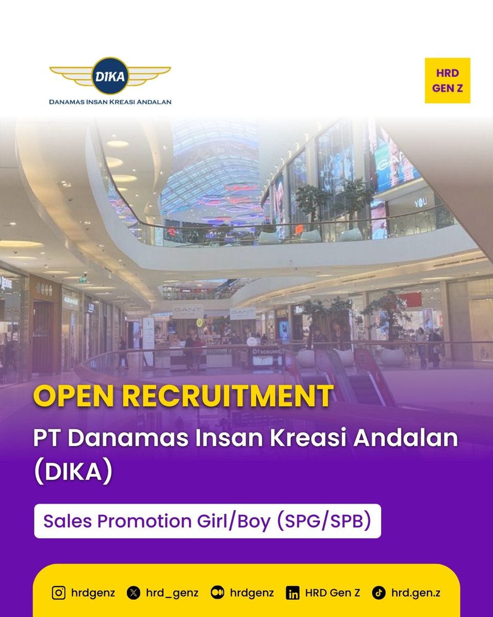 hrd_genz's tweet photo. Ada yang minat jadi SPG/SPB di mall? Minzi ada loker nih!

PT. Danamas Insan Kreasi Andalan (DIKA) lagi buka posisi SPG/SPB di area Mall Jabodetabek &amp; Bandung!

📍WFO &amp; full-time

Kirim CV ke: recruitments.nabila@gmail.com
Subject: SPG/SPB_Nama_Kota

Check our IG post for details https://t.co/EAeyRbqTQx