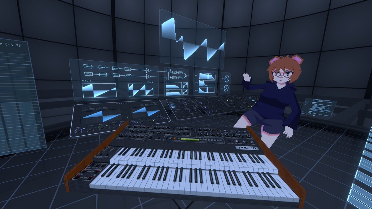 Spent the evening playing around with a working 2 oscillator hybrid synthesizer in VRChat called Fractone! It was a ton of fun, since it supports midi, and its really well made!!! 🎹💖