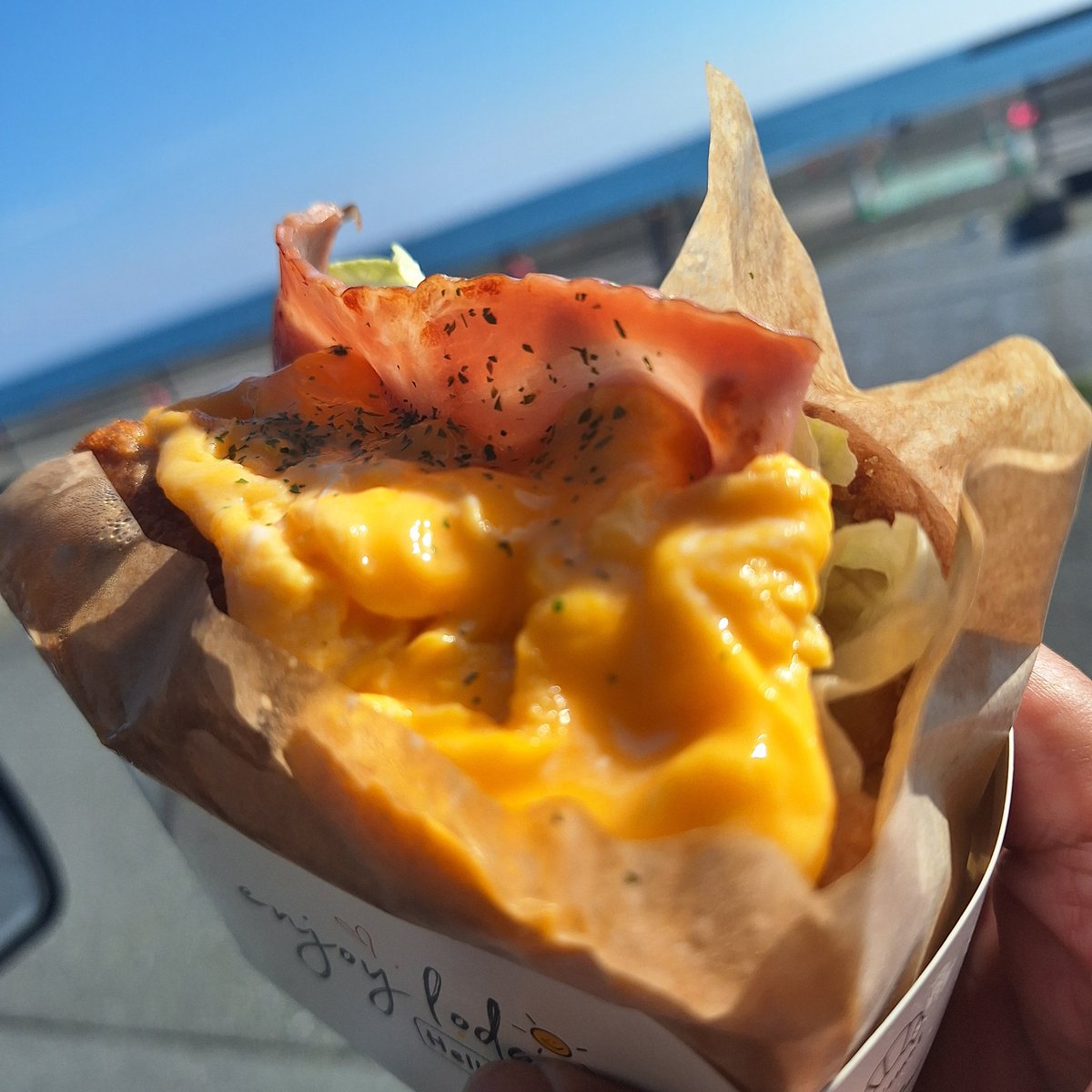 茅ヶ崎市役所前を離脱して、海を見ながら愛莉ちゃん仕上げのチャー玉サンド&amp;べー玉サンド🥪

少し甘めの卵とチャーシュー、ベーコンの塩味がちょうどいい👍
マヨベースのソースも旨っ😋
#キスライ
#キスライレポート
#トコトコ湘南キッチン
#長友愛莉