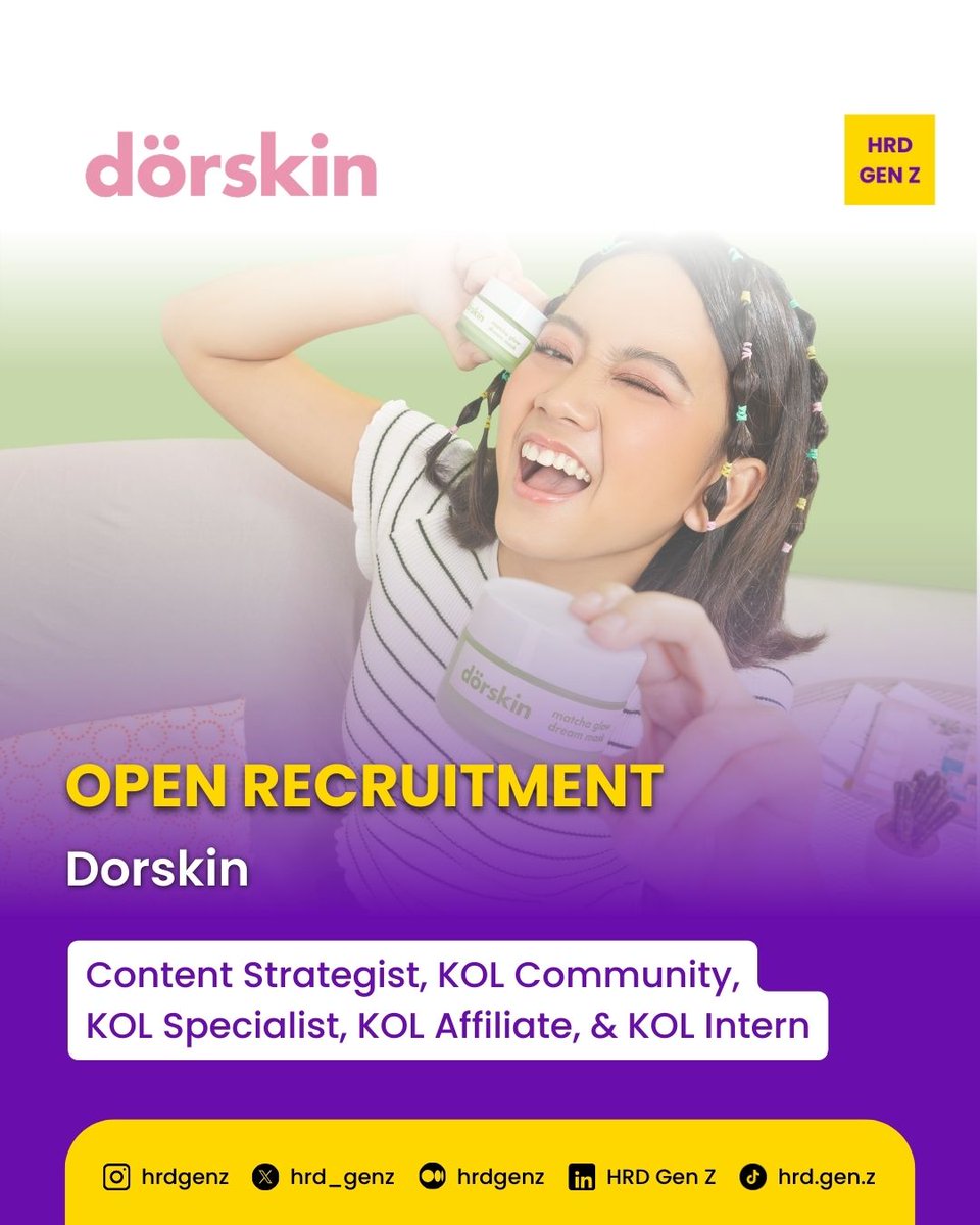 hrd_genz's tweet photo. Another day another loker!📢

Dorskin is looking for:
• KOL Specialist
• KOL Affiliate
• KOL Community
• KOL Intern
�� Content Strategist

📧 Send CV &amp; Portfolio to:
career@dorskin.co.id &amp; hrga@dorskin.co.id

Subject: [Position Name] – [Your Name] – [Domicile] https://t.co/lK7KYpL1Zu