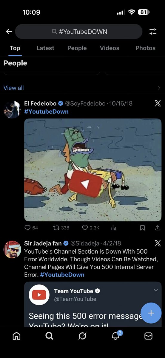5kl's tweet image. The top two tweets on the #YouTubeDOWN #1 trend are from 8 years ago.