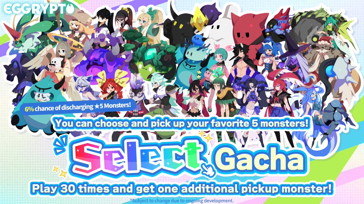 【Select Gacha Announcement!】
Two new gacha will be held from 2/20 3:00 to 2/28 3:00 (UTC)!

Look forward to it!
#eggrypto