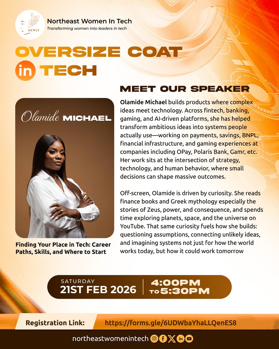 newomenintech's tweet photo. We are excited to introduce the speakers for our February NEWIT Webinar on equipping young women to thrive in technology.
21st February
Register here: https://t.co/3FiFFkQLW8
#NEWIT #WomenInTech #GirlsInTech #DigitalSkills #TechCareers #LeadershipInTech #AfricanWomenInTech https://t.co/kc0liJe0by