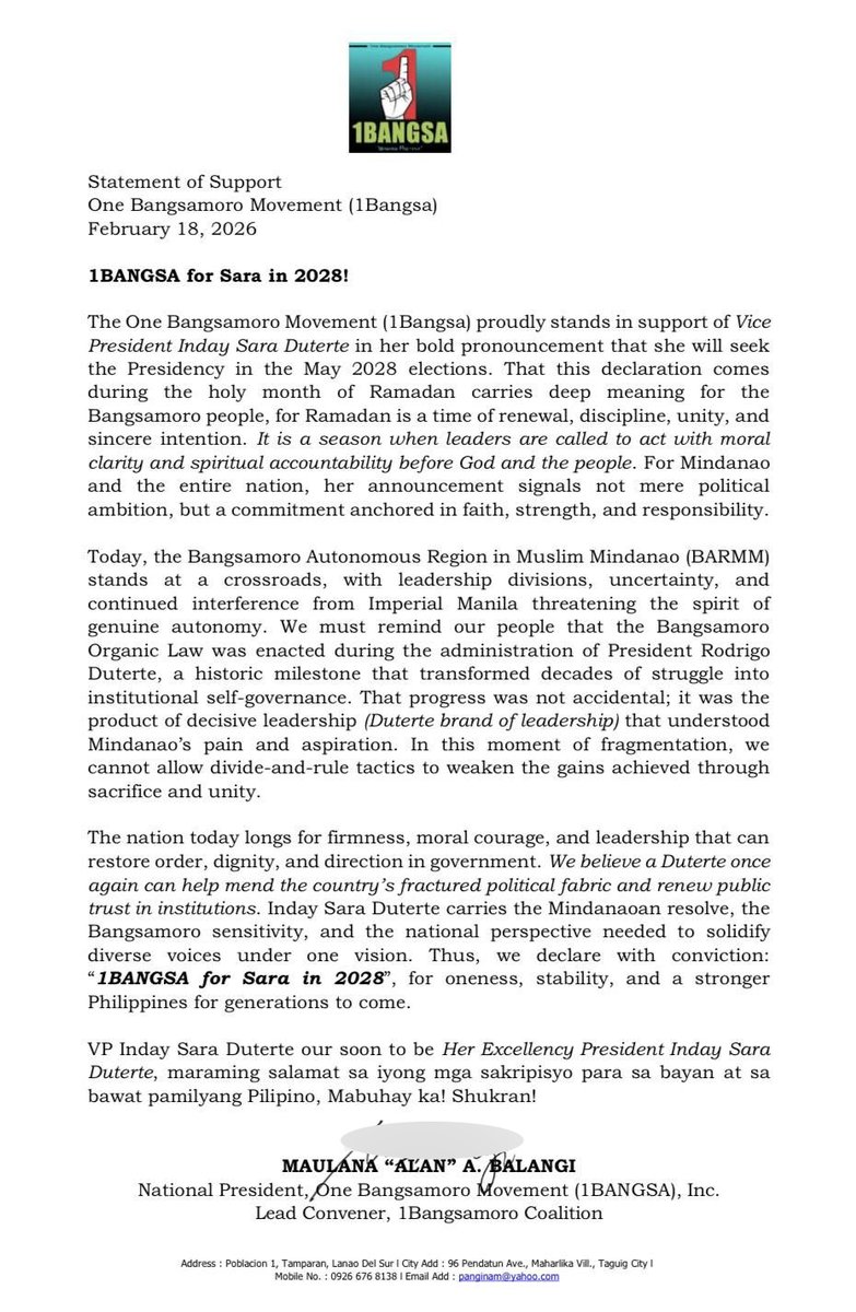 smninews's tweet image. BASAHIN | Nagdeklara ng suporta ang One Bangsamoro Movement sa 2028 presidential run ni Vice President Sara Duterte.

(1/2)