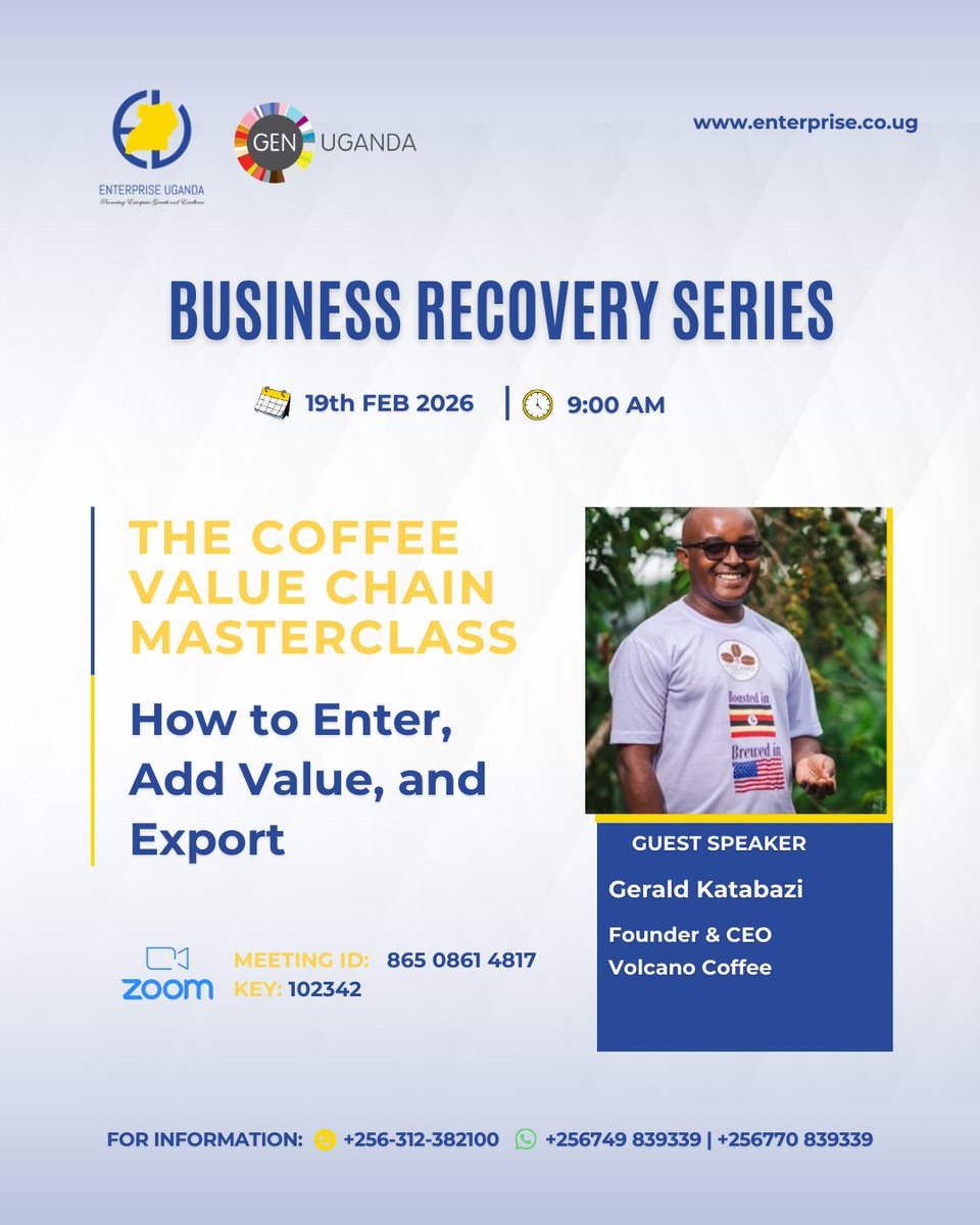 If you were to enter the coffee value chain today, would you know where to start, what to prioritise, and how to scale toward export markets? 

Join us online for a practical and strategic session with Gerald Katabazi, Founder and CEO of Volcano Coffee, as he shares his journey