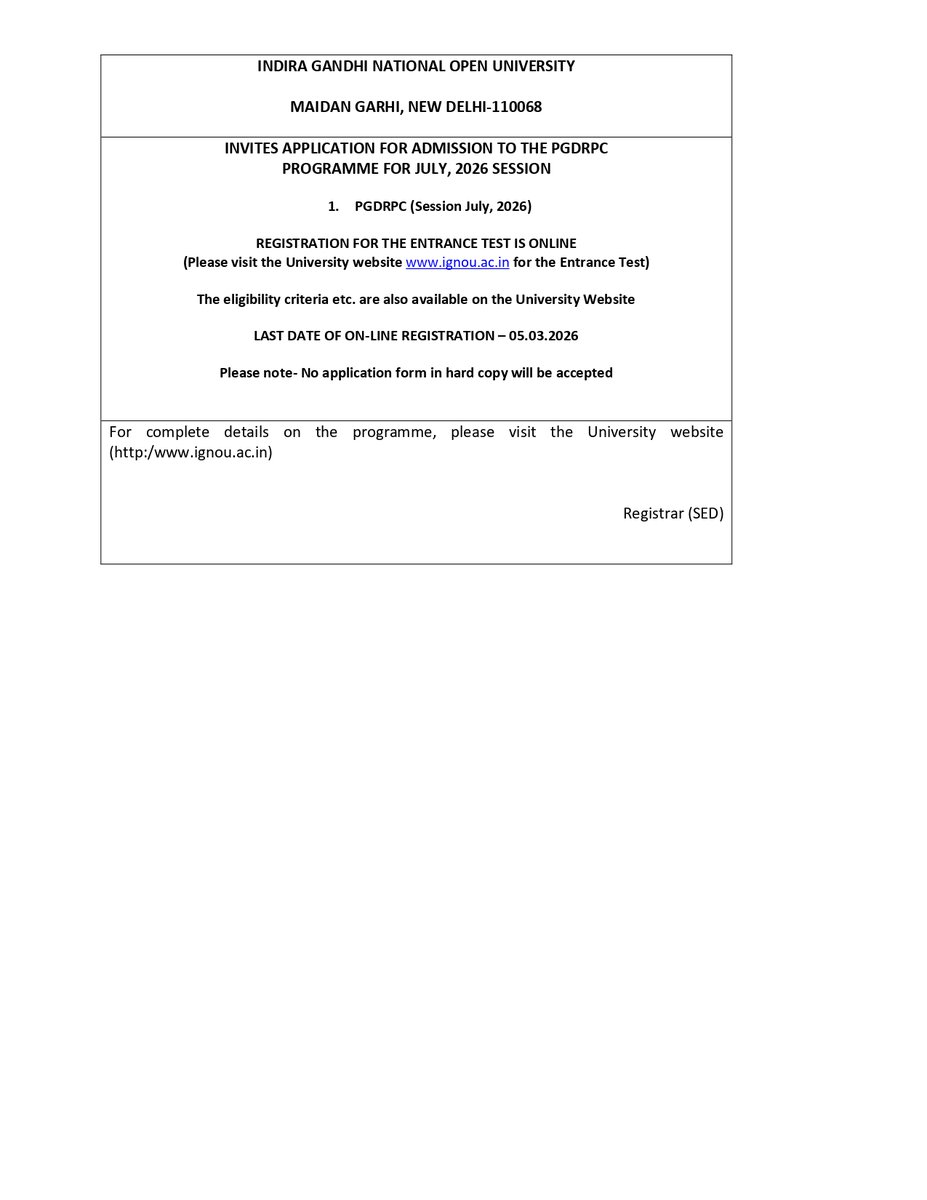 Advertisement for PGDRPC July 2026 Session 

Following is the link for Entrance test of B.Sc. Nursing (PB):

ignoupgdrpc.samarth.edu.in