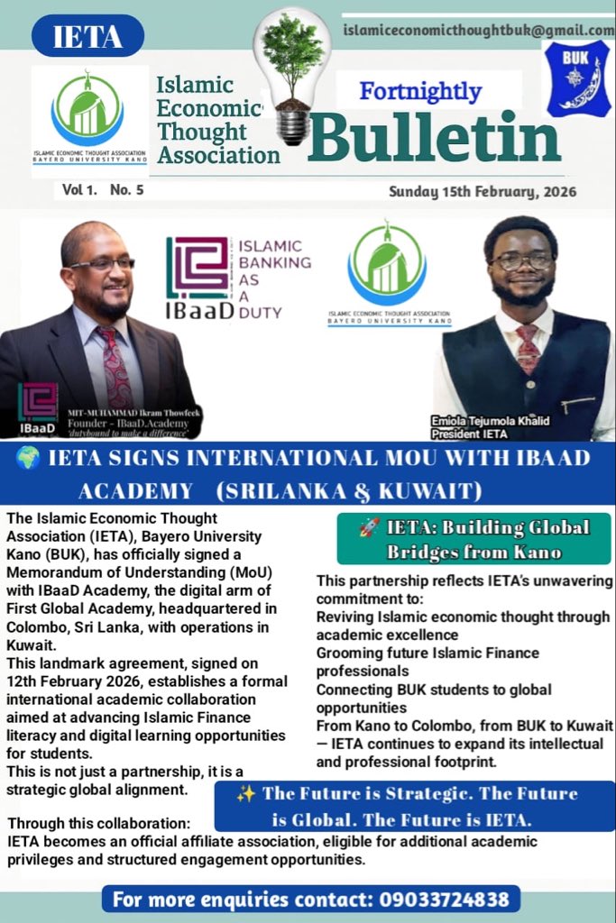IETA_BUK's tweet photo. IETA (Bayero University Kano) signs MoU with IBaaD Academy (Sri Lanka/Kuwait), becoming an affiliate to boost global Islamic finance collaboration and literacy. 🌍✨

#IETA #IslamicFinance https://t.co/0vmoUrTEP4