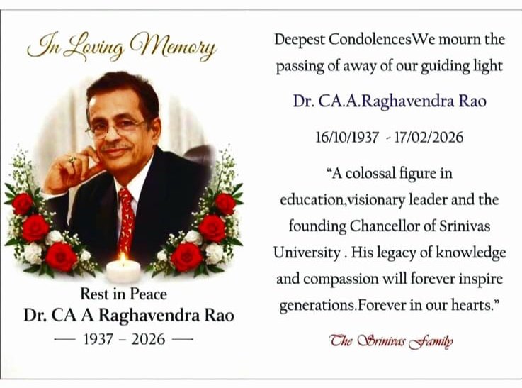 SUIET_Mukka's tweet photo. #DrCAARaghavendraRao Ji's profound contributions to #HigherEducation &amp; noble mission of service to society wil continue to inspire &amp; guide us for years to come. We will miss you Sir 🙏
Om Shanti 🙏
#SUIETMukka #SrinivasUniversity #SUIET #Mukka #Mangaluru #Mangalore 
3/3 https://t.co/K49JzTY6e3