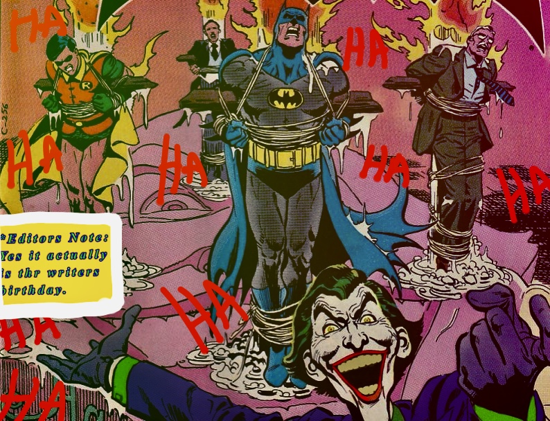 funhouse_joker's tweet photo. "HAPPY BIRTHDAY TO MY GLORIOUS WRITER! YES IM BREAKING THE FOURTH WALL FOR THIS ONE, SO EVERYONE CELEBRATE IT! 
CONGRATULATE THE MAN! HAHAHAHAHAHA" https://t.co/V89hy0fWve