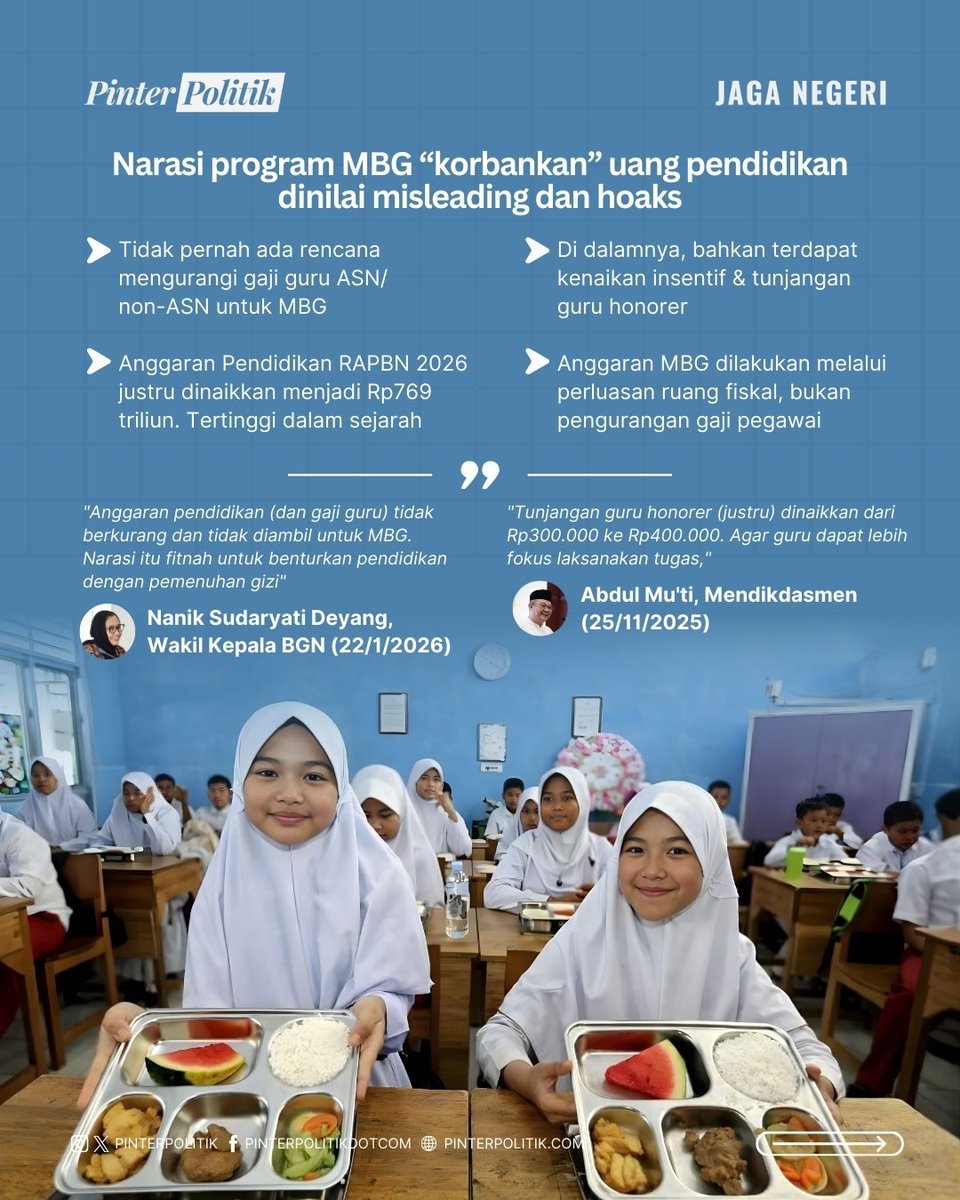 99propaganda's tweet photo. Pemerintah telah menetapkan kenaikan signifikan untuk berbagai jenis tunjangan dan insentif guru non-ASN sepanjang periode 2024 hingga 2026.

Mulai tahun 2026, pemerintah mengupayakan agar seluruh penyaluran tunjangan dilakukan secara transfer langsung ke rekening pribadi masing-masing guru untuk menghindari birokrasi yang panjang di tingkat daerah.

1. Bantuan Insentif Guru Non-ASN (Belum Sertifikasi)
Insentif ini diberikan kepada guru honorer yang terdata di Dapodik namun belum memiliki sertifikat pendidik (serdik) :

Tahun 2024: Besaran insentif adalah Rp300.000 per bulan

Tahun 2025: Terdapat penyesuaian anggaran di mana beberapa skema mencatat pembayaran sekaligus sebesar Rp2,1 juta untuk 7 bulan (efektif tetap di kisaran Rp300.000/bulan).

Tahun 2026: Naik menjadi Rp400.000 per bulan.

2. Tunjangan Profesi Guru (TPG) Non-ASN (Sudah Sertifikasi)
Diberikan kepada guru non-ASN yang telah lulus Pendidikan Profesi Guru (PPG) dan memiliki sertifikat pendidik :

Tahun 2024 & Sebelumnya: Umumnya berkisar di angka Rp1.500.000 per bulan bagi yang belum penyetaraan.

Tahun 2025 - 2026: Naik menjadi Rp2.000.000 per bulan. Kenaikan bertujuan untuk menyetarakan kesejahteraan guru non-ASN dengan standar minimum profesional.

3. Tunjangan Khusus Guru (TKG) di Daerah Khusus/3T
Tunjangan tambahan bagi guru yang bertugas di daerah tertinggal, terdepan, dan terluar.

Besaran ditetapkan setara dengan satu kali gaji pokok atau nominal tetap sebesar Rp2.000.000 per bulan untuk guru non-ASN.