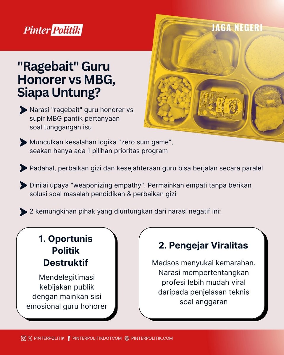99propaganda's tweet photo. Pemerintah telah menetapkan kenaikan signifikan untuk berbagai jenis tunjangan dan insentif guru non-ASN sepanjang periode 2024 hingga 2026.

Mulai tahun 2026, pemerintah mengupayakan agar seluruh penyaluran tunjangan dilakukan secara transfer langsung ke rekening pribadi masing-masing guru untuk menghindari birokrasi yang panjang di tingkat daerah.

1. Bantuan Insentif Guru Non-ASN (Belum Sertifikasi)
Insentif ini diberikan kepada guru honorer yang terdata di Dapodik namun belum memiliki sertifikat pendidik (serdik) :

Tahun 2024: Besaran insentif adalah Rp300.000 per bulan

Tahun 2025: Terdapat penyesuaian anggaran di mana beberapa skema mencatat pembayaran sekaligus sebesar Rp2,1 juta untuk 7 bulan (efektif tetap di kisaran Rp300.000/bulan).

Tahun 2026: Naik menjadi Rp400.000 per bulan.

2. Tunjangan Profesi Guru (TPG) Non-ASN (Sudah Sertifikasi)
Diberikan kepada guru non-ASN yang telah lulus Pendidikan Profesi Guru (PPG) dan memiliki sertifikat pendidik :

Tahun 2024 & Sebelumnya: Umumnya berkisar di angka Rp1.500.000 per bulan bagi yang belum penyetaraan.

Tahun 2025 - 2026: Naik menjadi Rp2.000.000 per bulan. Kenaikan bertujuan untuk menyetarakan kesejahteraan guru non-ASN dengan standar minimum profesional.

3. Tunjangan Khusus Guru (TKG) di Daerah Khusus/3T
Tunjangan tambahan bagi guru yang bertugas di daerah tertinggal, terdepan, dan terluar.

Besaran ditetapkan setara dengan satu kali gaji pokok atau nominal tetap sebesar Rp2.000.000 per bulan untuk guru non-ASN.