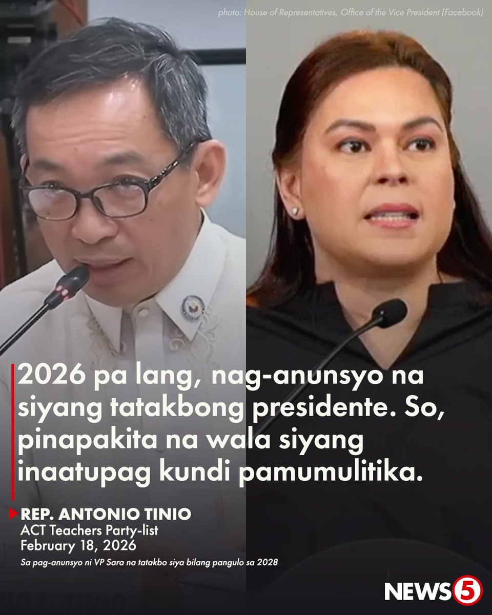 News5PH's tweet image. ‘’WAG NA MAGPABUDOL ANG TAUMBAYAN’

Inihayag ni ACT Teachers Party-list Rep. Antonio Tinio na pamumulitika ang pag-anunsyo ni Vice Pres. Sara Duterte na tatakbo siya bilang pangulo sa 2028.

Aniya, tila napapanahon ang anunsyo ng Bise para masindak ang mga mambabatas bago pa man…