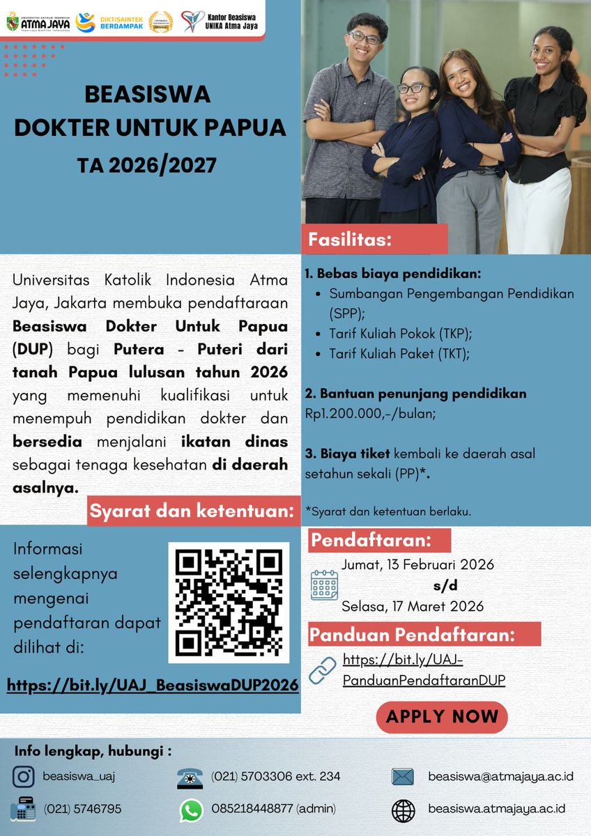 Ingfo beasiswa Dokter Untuk Papua (DUP) dari Atma Jaya. Tolong bantu sebarkan ya 🙏