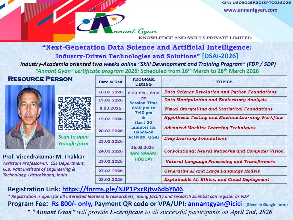 AnnantGyan's tweet photo. Registration Link: https://t.co/puPp2HcloZ

#datascience #artificialintelligence #AI #FDPs #SDP #Intelligence #FutureSkills #technology #faculty  #FacultyDevelopmentProgram #researchers #ResearchScholar #onlineeducation #college #university #engineering #CSE #ECE #ITC  #IND https://t.co/SD546Y2M1L