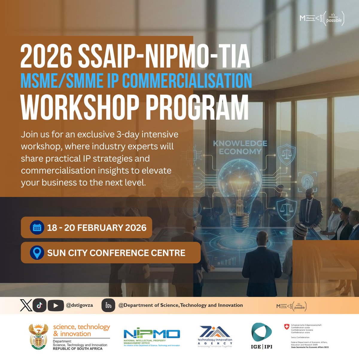 dstigovza's tweet photo. We’re kicking off the 2026 MSME/SMME IP Commercialisation Workshop. Over the next 3 days, innovators are mastering branding, licensing, and the art of the pitch to elevate their ventures.
Protect your spark. Grow your business.
#DSTI #ScienceInnovationSA #IPDay2026 #SMME https://t.co/v0iLJWTMjE
