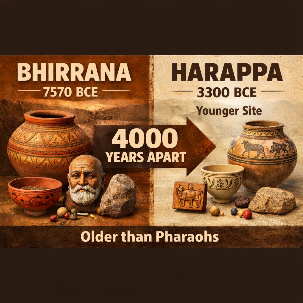 4000 years before Harappa existed, Bhirrana was already thriving.

Your textbook skipped that part.

Radiocarbon dating puts Bhirrana at 7570 BCE. Harappa shows up around 3300 BCE.

That's a 4000+ year head start. Not a typo.

So when we say "Harappa ka baap Bhirrana," we're not