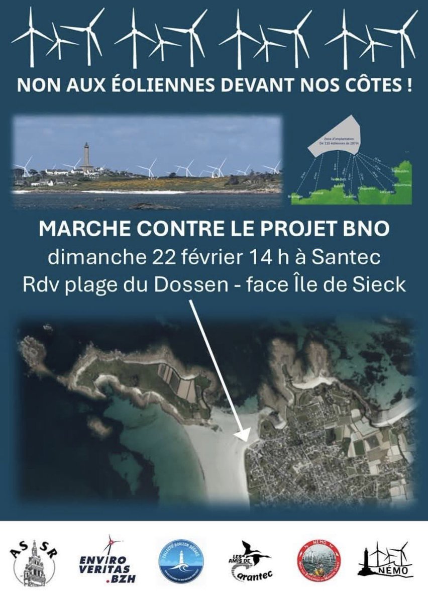 NON au  PROJET ÉOLIEN BRETAGNE NORD-OUEST (BNO) 
Rendez-Vous à SANTEC - DIMANCHE 22 FÉVRIER 

L'Association pour la Sauvegarde des Sites de Roscoff (ASSR), l'Association Enviro Veritas, le Collectif Horizon dégagé, l'Association Les Amis de Carantec, l'Association NÉMO Défense