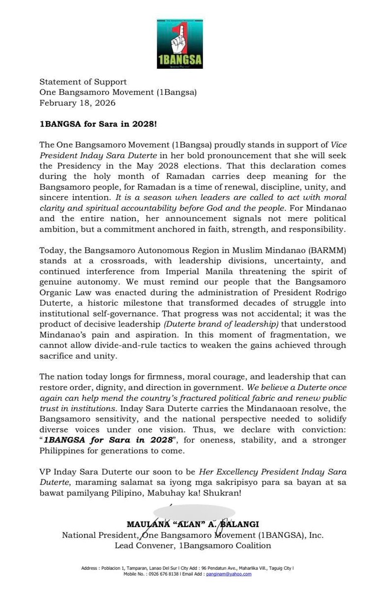 UnbowedVP's tweet image. Nag declara ng suporta ang One Bangsamoro Movement sa 2028 presidential run ni Vice President Sara Duterte.💚