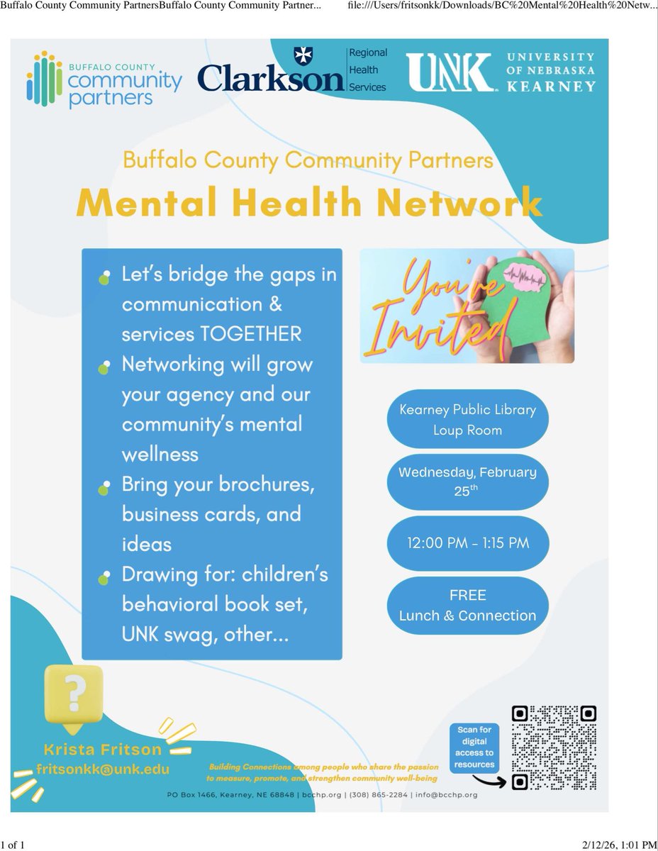 FritsonKrista's tweet photo. Get connected with mental health advocates and programs. QDoba catering and introduction to new program resources. Wed. Feb 25th. 2026 @BCCHP  @NEDHHS  @wasabi @1340KGFW  @BHECN1  @UNKAlumni @KearneyHub  @HITS106KQKY  @UNKearney @KearneyPolice  @BuffaloCountySO https://t.co/SVPpf5gBZw