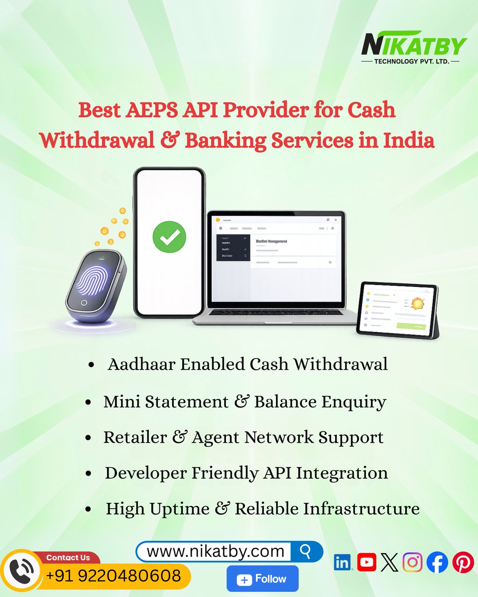 nikatby's tweet photo. 🏦💳 Enable Aadhaar-based banking with Nikatby’s AEPS API Solutions!Offer instant cash withdrawal, balance enquiry, 📞 +91 9220480608
🌐 https://t.co/4W3qr5CxHJ#AEPS #AadhaarPayments #FintechIndia #BankingAPI #CashWithdrawal #DigitalIndia #Nikatby #APISolutions https://t.co/ai2rNCkAT6