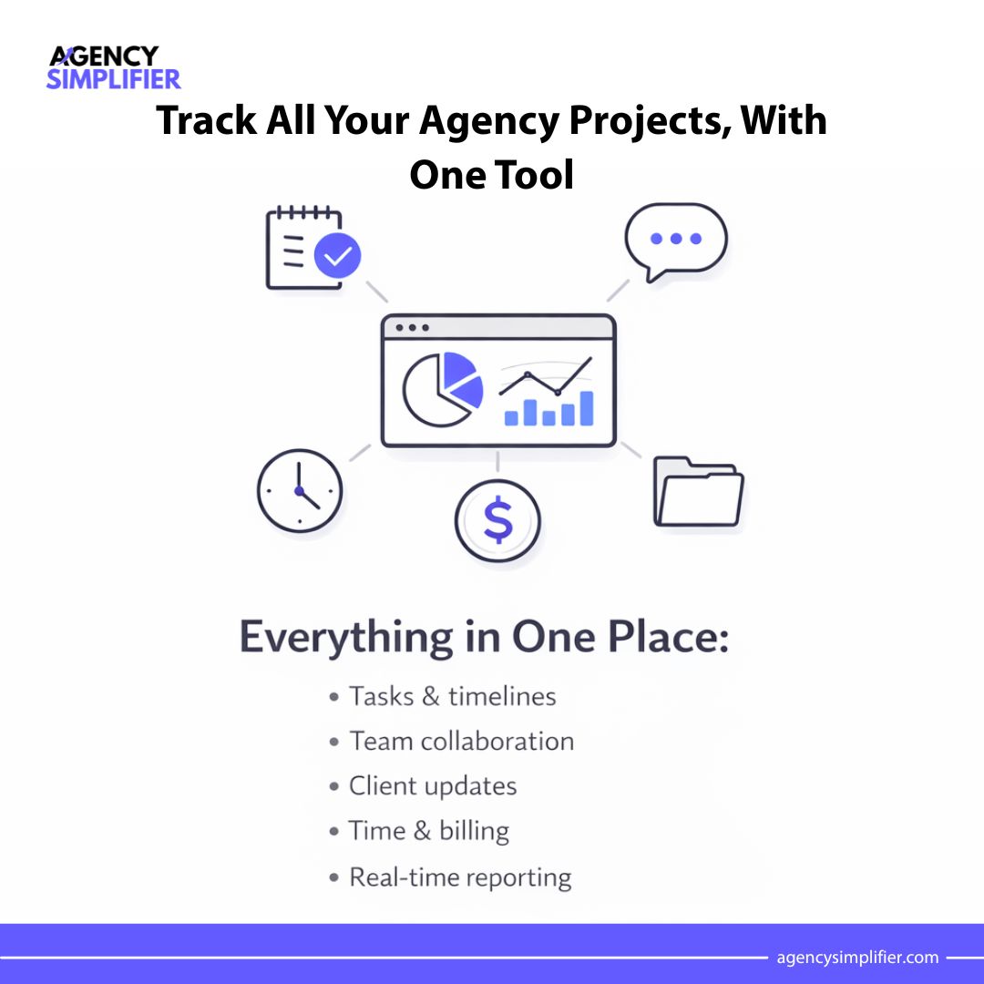 SimplifyAg's tweet photo. Too many tools = too much chaos.

With Agency Simplifier, you can manage tasks, clients, timelines, billing &amp; reporting, all in one place.

One tool. One workflow. Zero chaos.

👉 https://t.co/w5hkWFsYHM

#AgencySimplifier #AgencyManagement #ProjectManagementTool #AgencyTools https://t.co/vd79bIZir6