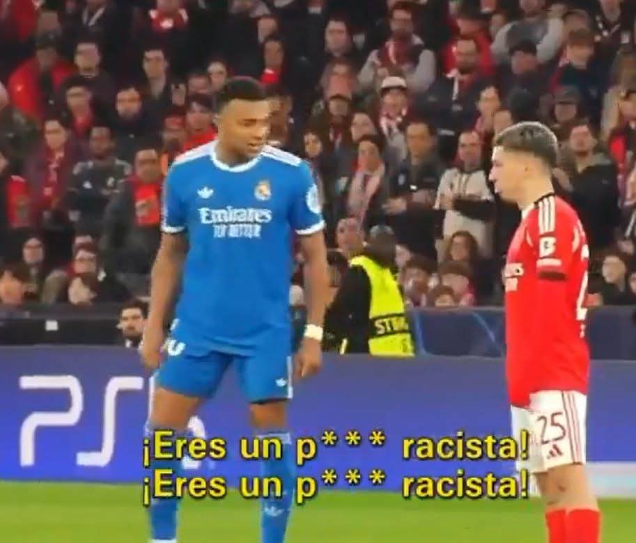 oltsport_'s tweet photo. 🚨🚨 Kylian Mbappé: "I will tell you the FULL STORY of what happened:

Vinicius scored, and what a goal! He celebrated.

Then the fans booed. These things happen, they happen, and they will happen in football.

Then there was a tense moment with the Benfica players. It's best if things don't escalate further, but that's also possible, because, as you know, it's the Champions League, the best club competition in the world, and ultimately, it's natural for everyone to want to win, to give their all for their fans, for their club, to defend their team.

There was player number 25 from Benfica—I don't want to mention his name, he doesn't deserve it—who started speaking rudely and saying insults.

That's also unacceptable, but it happens in football and it will always happen. Then he put his shirt down here and said "M*NKEY, M*NKEY, M*NKEY, M*NKEY, M*NKEY" .

I heard him say it, and some Benfica players heard him too, and then everything you saw started.

I have the utmost respect for Benfica and their coach, who is one of the best in history and who made history with Real Madrid, but in my opinion, this player doesn't deserve to play in the Champions League anymore.

It's a great honor to play in the Champions League, the most prestigious competition. I think everyone here is incredibly excited about the Champions League. Of course, I'm excited as a player, it excites people, especially children. 

We have to be good role models for young people because if we let things like this go unnoticed, I think all the values of football will lose their meaning, everything we believe in will lose its value, and we have to be something of value."