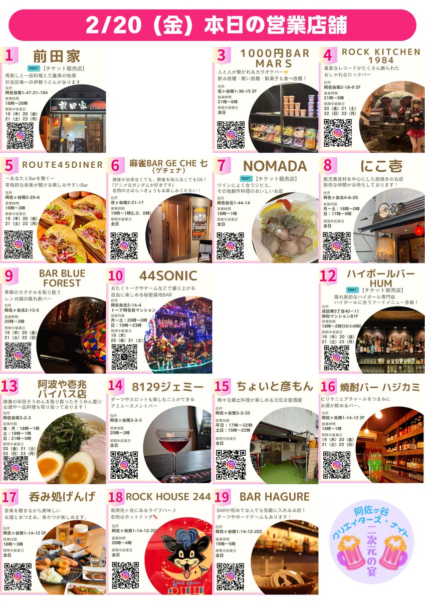 2d_banquet's tweet photo. 【2/20（金）】
#クリエイターズ・ナイト
🎫 チケット販売スタート！

本日参加できる店舗はこちら🍻
#阿佐ヶ谷 #飲み歩き #イベント https://t.co/5zCamITKsA