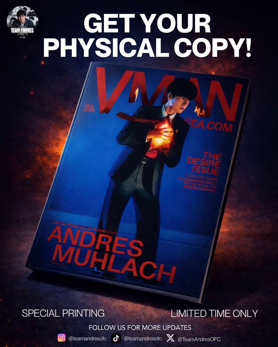 TeamAndresOFC's tweet photo. Knights, this could be your first — and last — chance.

VMAN SEA @vmansea has agreed to print Andres Muhlach’s VMAN SEA digital cover magazine only if we reach the minimum order of 1,000 confirmed copies.

This will be a one-time special printing.
Once the order window closes, there will be: • No reprints • No restocks • No additional copies

If the minimum of 1,000 orders is not reached, the magazine will remain digital forever.
📅 Order Period: February 18 – February 25, 2026
 💵 Magazine Price: ₱575.00 📦 Shipping Fee: ₱130.00 (nationwide)
⚠️ Shipping Policy:
 Maximum of 2 copies per delivery address under one shipping fee. Full payment will be collected once the order window closes.

If we unfortunately do not reach 1,000 confirmed orders, all payments will be fully refunded.

By submitting this form, you acknowledge and agree to these terms.

Link: https://t.co/0XzNVtEEx3
