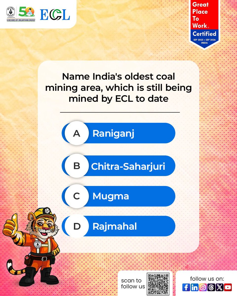 easterncoal's tweet image. Name India's oldest coal mining area, which Eastern Coalfields Limited is still mining to date.
Comment with your answers.

#ECL #TeamECL #CoalIndia
