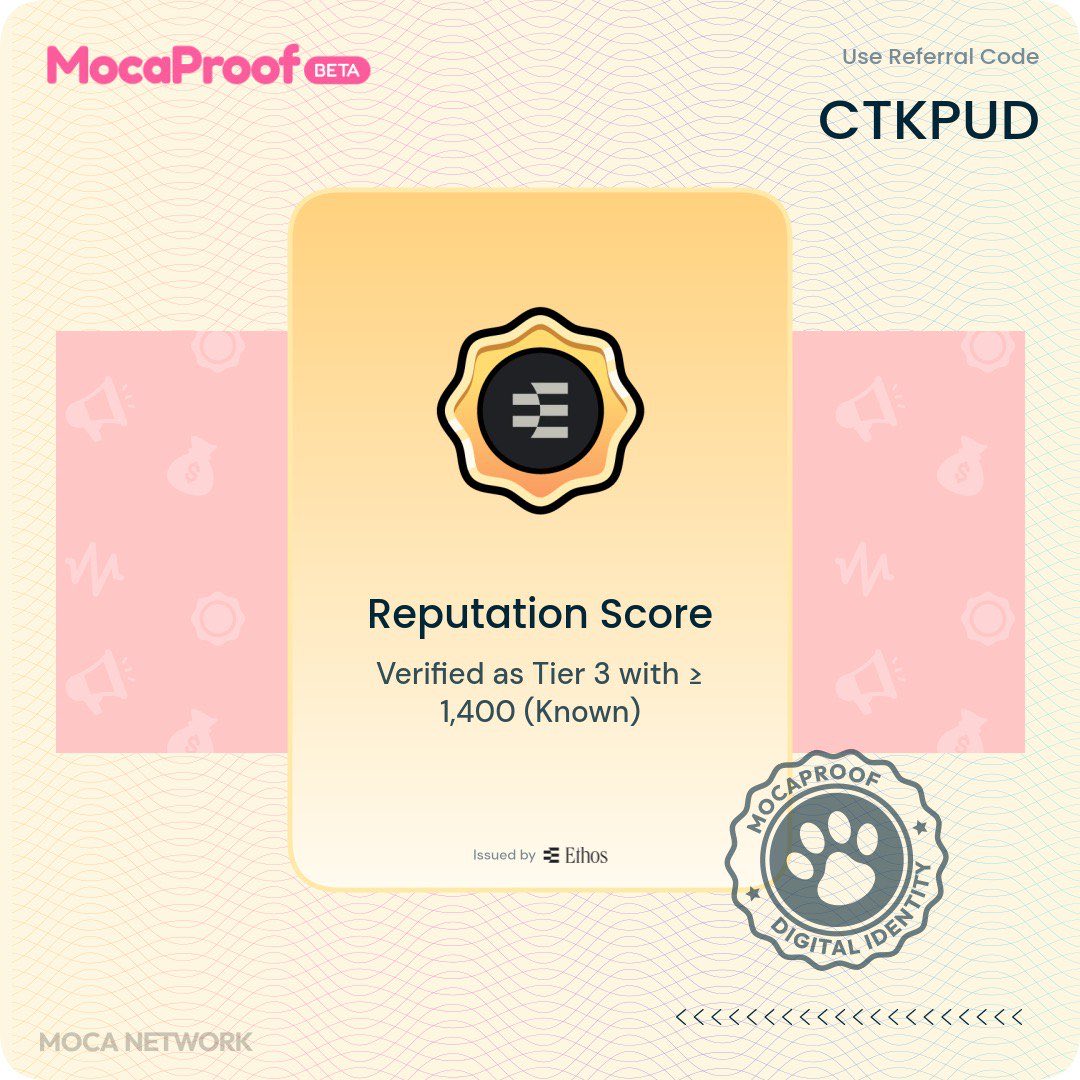 Gm frens!

Just claimed my Reputation Score credential on-chain ✅

Build your identity, collect your own credential proof, and get rewards on MocaProof → app.moca.network/r/CTKPUD