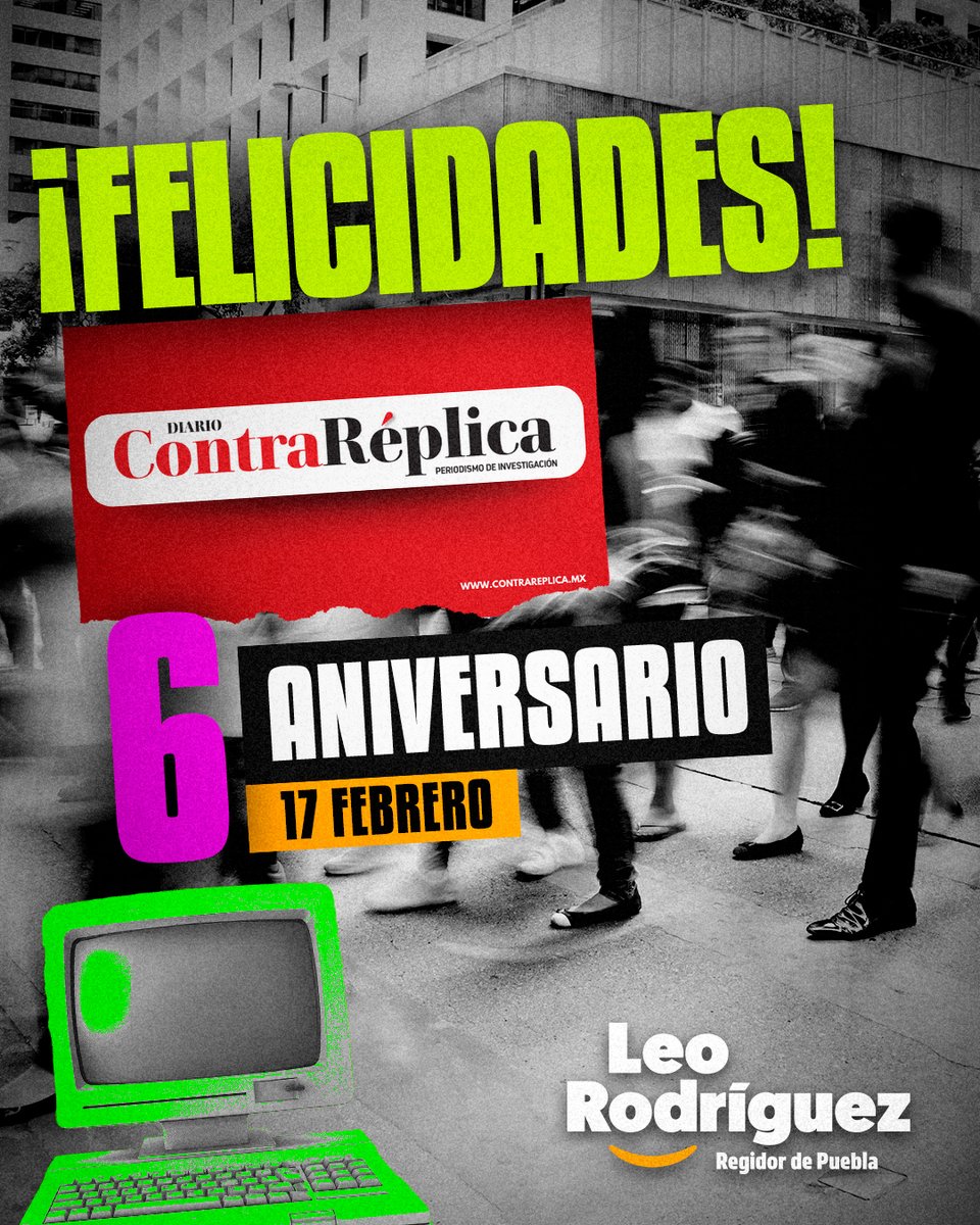 Felicidades a <a href="/agrafar/">Antonio Grajales Farias</a>, <a href="/estradapaty/">Patricia Estrada</a> y a todo el equipo de profesionales que colaboran en <a href="/ContraReplicaPu/">ContraReplica Puebla</a>, que hoy están de manteles largos celebrando su 6º aniversario. 🥳

Seis años de labor informativa al servicio de las y los poblanos, ejerciendo el periodismo con compromiso
