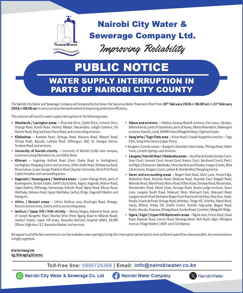 NairobiWater's tweet photo. Nairobi Water will temporarily shut down the Sasumua Water Treatment Plant from Friday ,20 February 2026, 6:00am to Saturday ,21 February 2026, 8:00am to carry out essential works to improve efficiency.

See poster for affected areas . https://t.co/Wd6JWfF6Tm