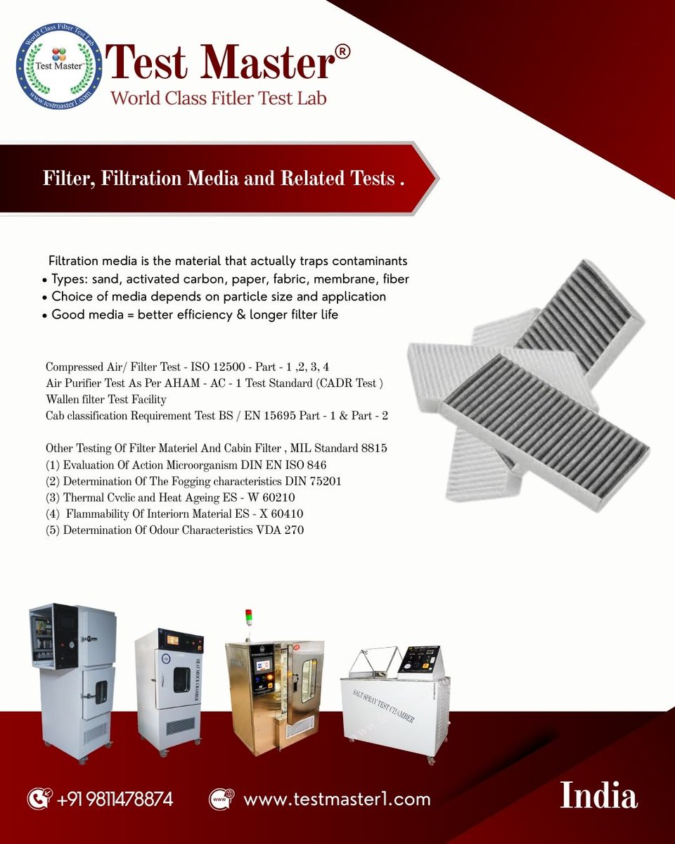 Test__Master1's tweet photo. Filtration media plays a crucial role in trapping contaminants and ensuring clean, safe air and fluid systems. 
📞 Contact us for reliable, precise, and world-class filtration testing services.
📞 +91 98114 78874
📧 sales@testmaster1.com
🌐 https://t.co/AMiaHlZ9J6 https://t.co/cFiDoW7HZs